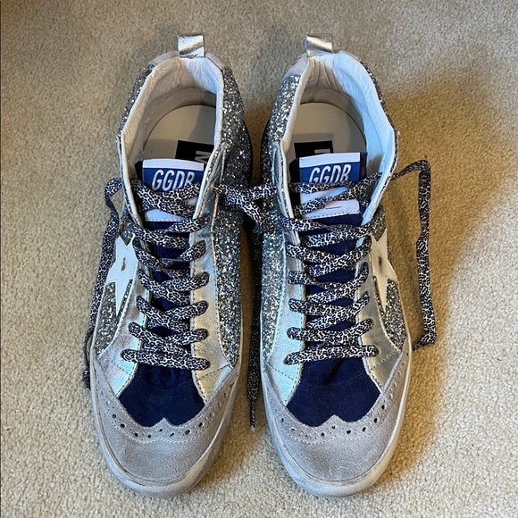 NWOT Golden Goose Mid Star Silver Glitter White Star Sneakers - Picture 1 of 7